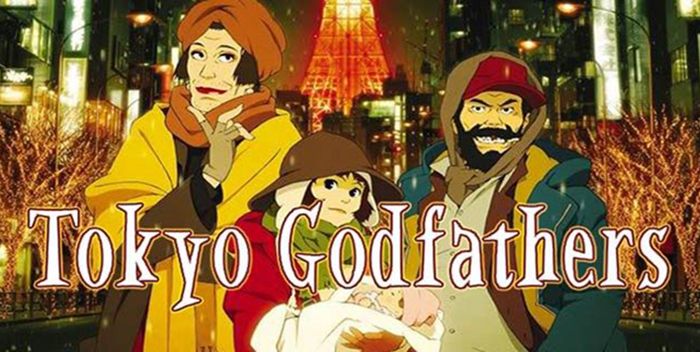 Poster promocional de la película Tokyo Godfathers con los protagonistas en primer plano