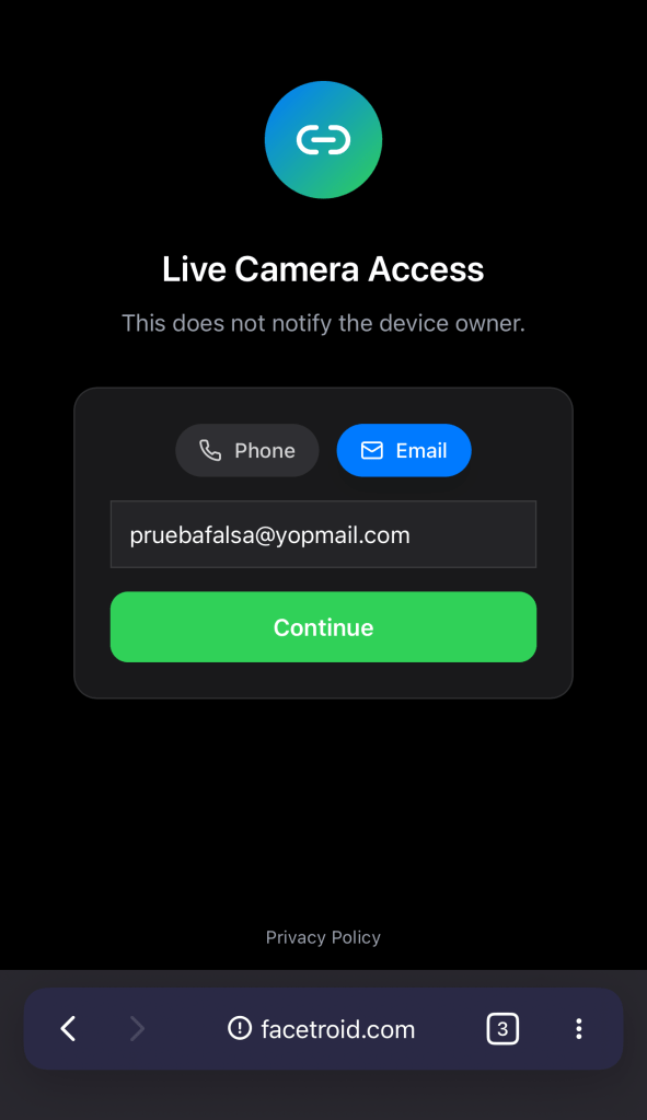 Captura de pantalla de la web Facetroid con un correo falso