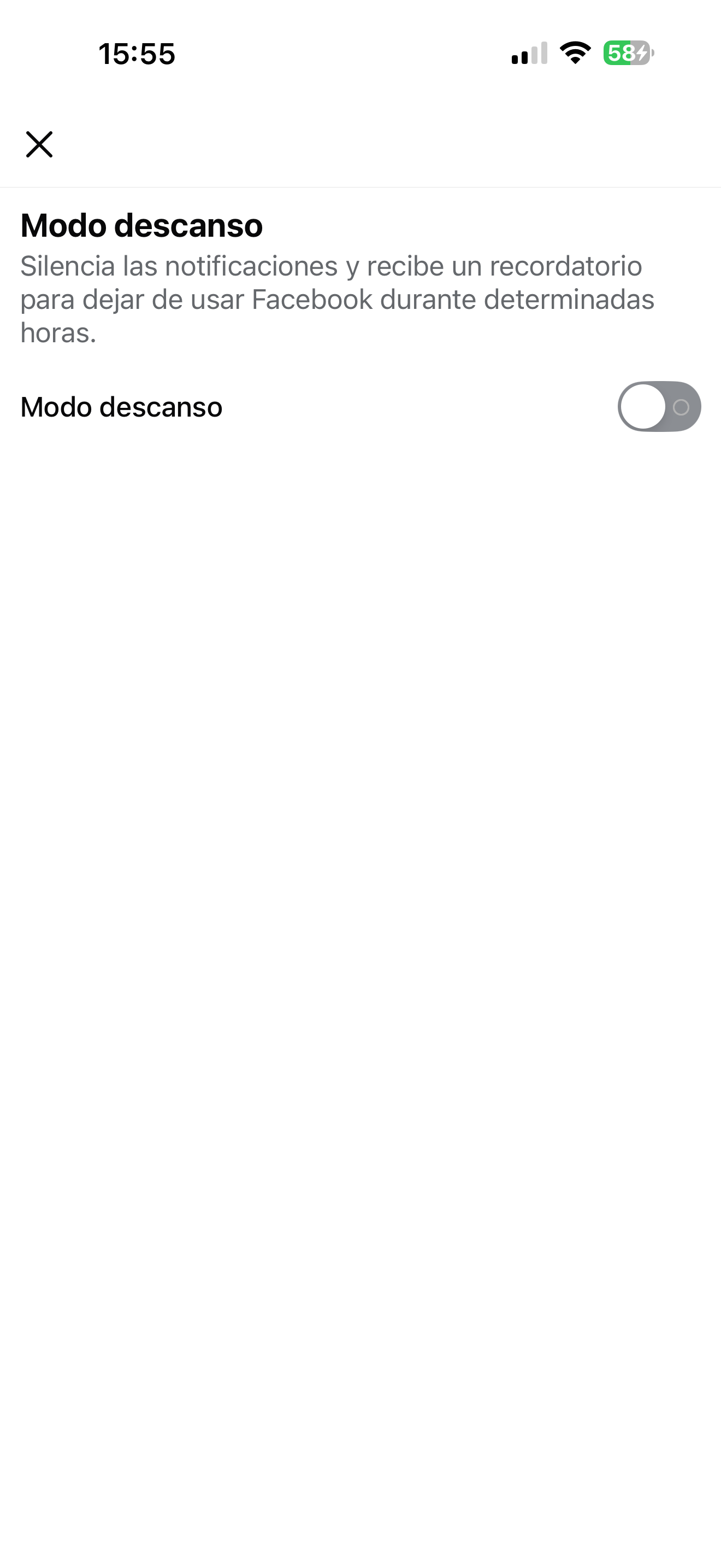 Pantalla de configuración de modo descanso en Facebook, permitiendo silenciar notificaciones y establecer horarios de pausa.