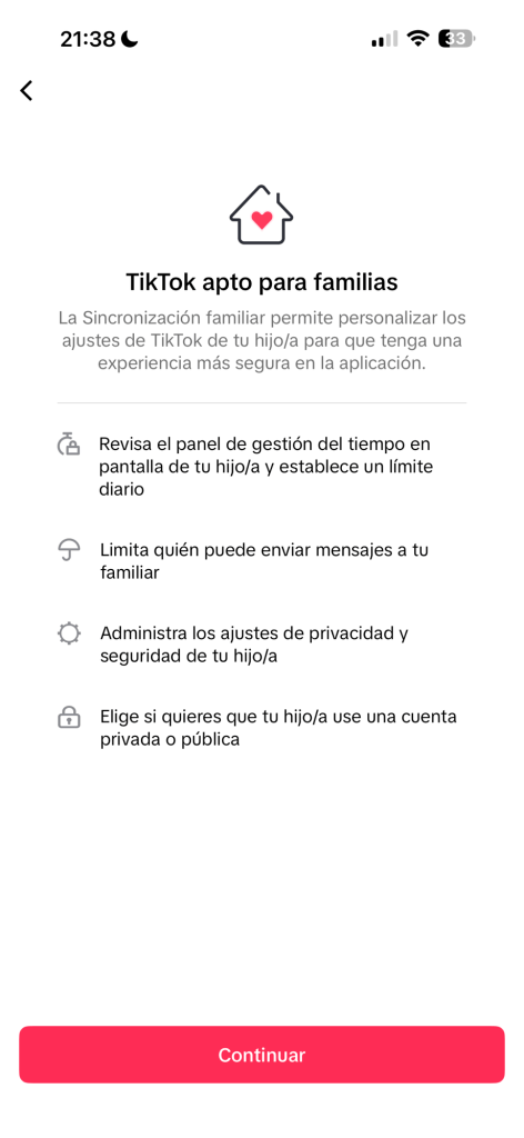 Pantalla de configuración familiar de TikTok que permite personalizar ajustes para una experiencia más segura, incluyendo gestión del tiempo, límites de mensajes, y opciones de privacidad.
