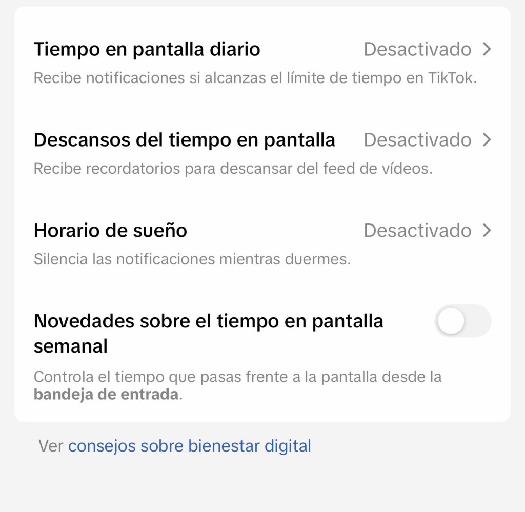 Configuraciones de tiempo en pantalla en la aplicación TikTok.