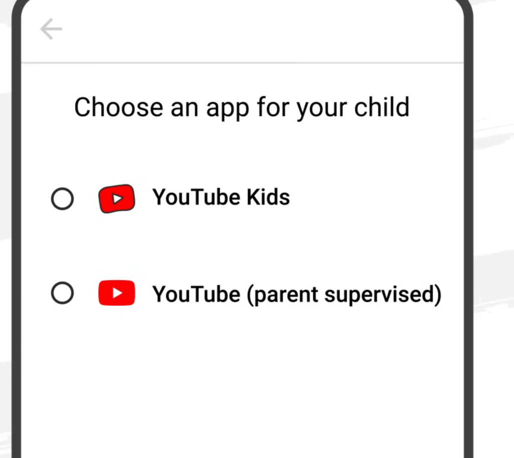 Interfaz de selección de aplicaciones para niños, mostrando opciones de 'YouTube Kids' y 'YouTube (supervisado por padres)'.