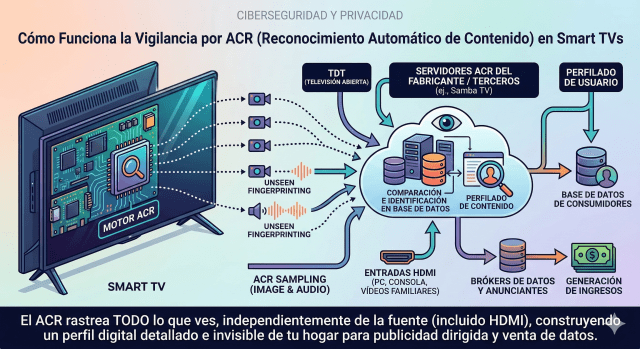 Diagrama que ilustra el funcionamiento de la vigilancia por ACR en Smart TVs, mostrando el proceso de recolección de datos y la creación de un perfil de usuario para publicidad dirigida.